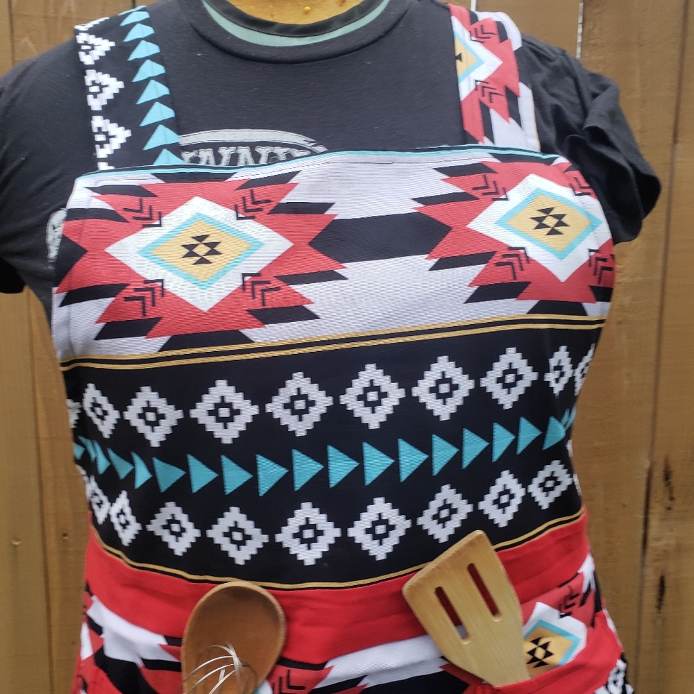 Red Aztec Print Kitchen Handmade Apron with Ruffles - Picture 3 of 6
